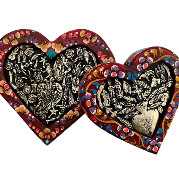MILAGROS Heart, Mexican ExVotos Corazon, Heart with Charms