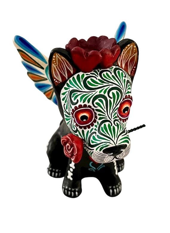 Day of the Dead Dog, Altar Ofrenda Decoration, Mexican Pottery Puebla, Skeleton Angel Puppy with Wings
