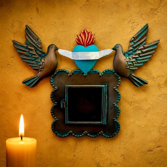 Mexican Tin Sacred Heart Nicho, Shadowbox Frame with Doves, Blue Heart