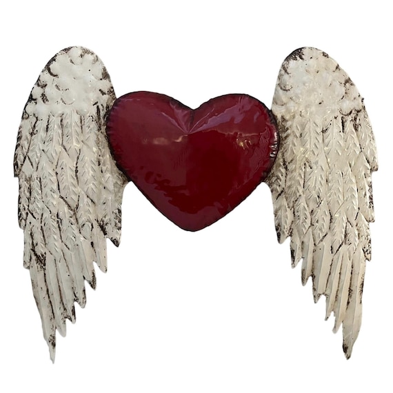 WINGED HEART, Mexican Corazon, Punched Tin Heart with Wings, LARGE