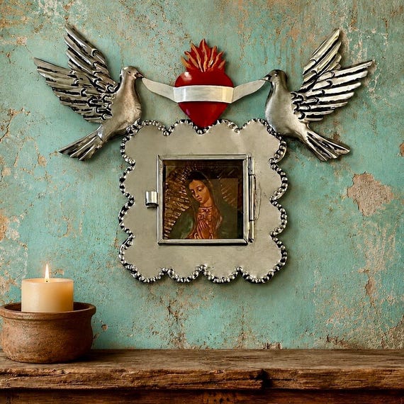 SACRED HEART Frame with Doves, Mexican Tin Heart Nicho, Shadowbox Niche, Virgin GUADALUPE