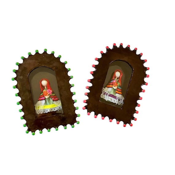Mexican Tin NICHO with Virgin Mary Corn Husk Ornament / Magnet, Shadowbox Frame
