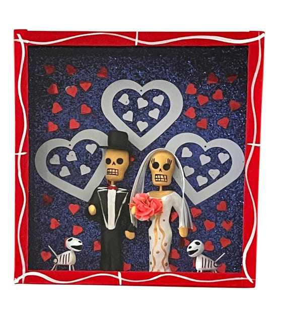 Day of the Dead Shadowbox with Bride & Groom, Puppies, Novios