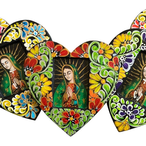 VIRGIN GUADALUPE Heart, Mexican Corazon Virgin Mary, Painted Heart Nicho