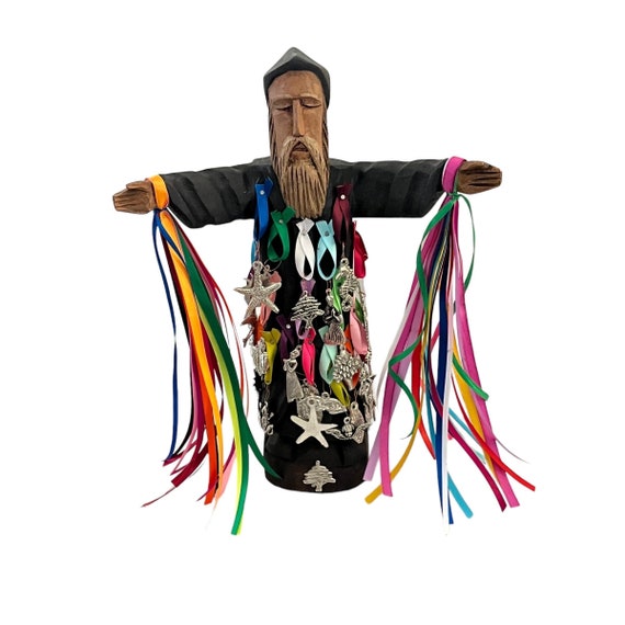 Saint CHARBEL with MILAGROS and Ribbons, San Charbel Mexico, Mexican Santo, Stand or Hang LARGE 12"H