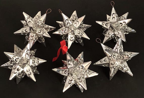 TIN STARS SET (6) Moravian Stars, Mexican Christmas Ornaments, Silver Finish