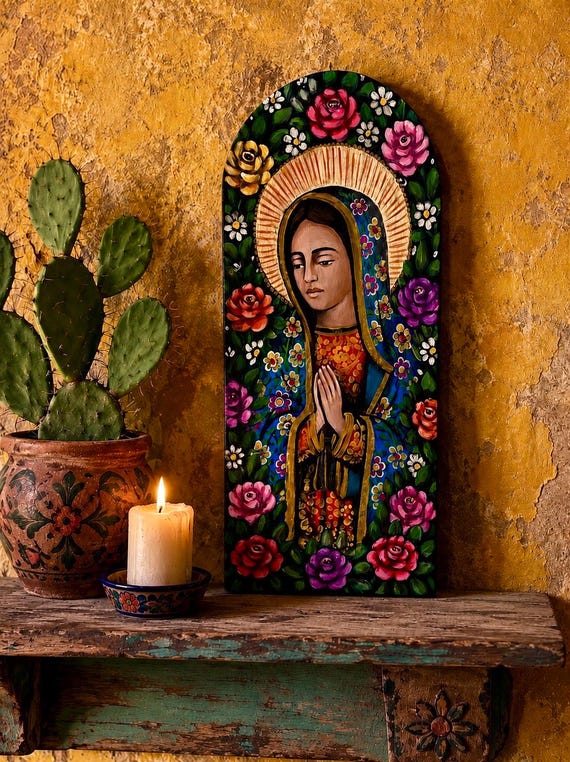 VIRGIN GUADALUPE Batea Doughbowl, LG 23” Hand Painted Mexican Retablo