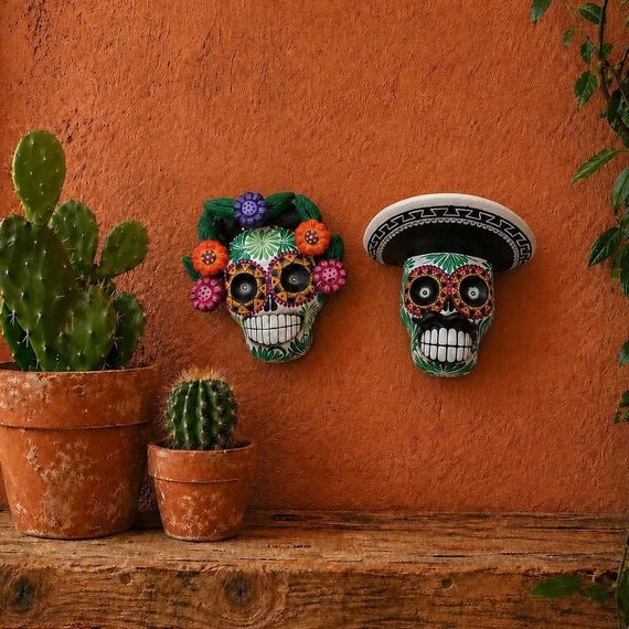 Day of the Dead SKULLS PAIR, Mexican Pottery Catrin & Catrina Calavera Ornaments SET,  Altar/Ofrenda Decorations