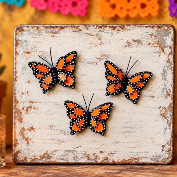 Set (3) Small MONARCH BUTTERFLY  Magnets, Altar Decoration Mexican Tin Ornaments