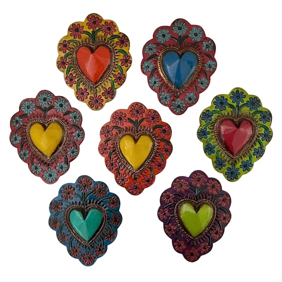 Mexican TIN HEART with Flowers, Painted Tin Corazon