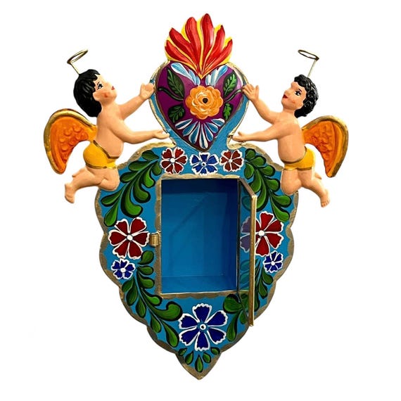 Tin HEART Nicho FRAME Sacred Heart & Angels , Punched Tin Heart, Mexican Corazon LARGE