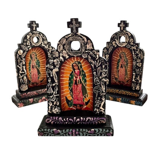 VIRGIN GUADALUPE NICHO with Milagro Charms Mexican Retablo, Church Shrine Nicho