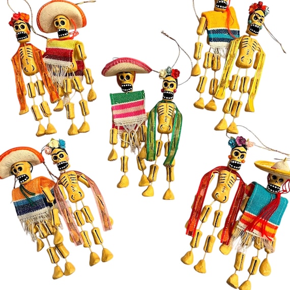 Day of the Dead Ornaments, Muertos PAIR, Calavera with Sombrero + Frida, SET (2)