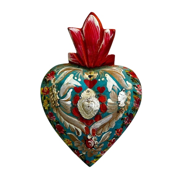 Milagros Sacred HEART, Painted Wood Heart w Doves, Mexican Corazon