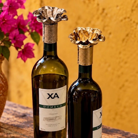 Wine BOTTLE TOPPERS SET, Tin Rose Bottle Decoration, Gold & Silver Leaf, Hostess Gift