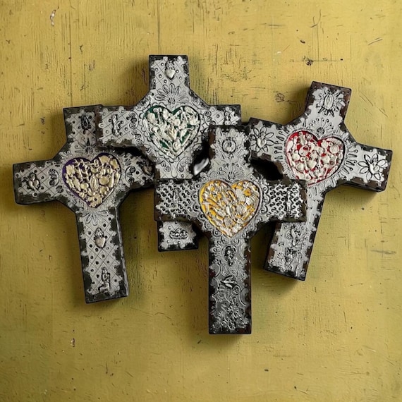 Mexican MILAGROS CROSS, Embossed Tin & Wood Heart, LARGE 12"