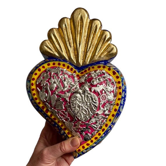 Milagros SACRED HEART, LARGE Heart with Charms, Mexican ExVotos Painted Corazon