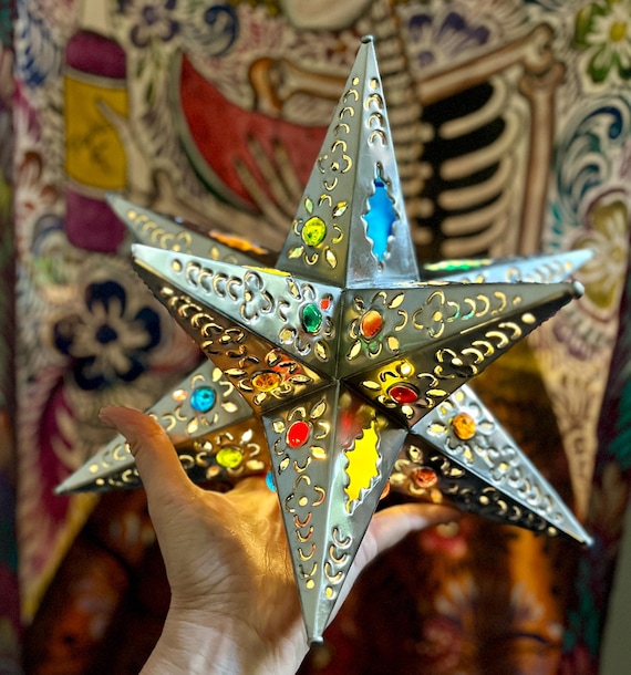 Mexican STAR Luminaria, Colorful Glass & Marbles, Tree TOPPER, Xmas Tin Star, Handmade Estrella 11”
