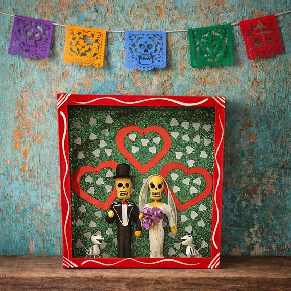 Day of the Dead Shadowbox WEDDING NICHO, Bride & Groom, Puppies, Novios