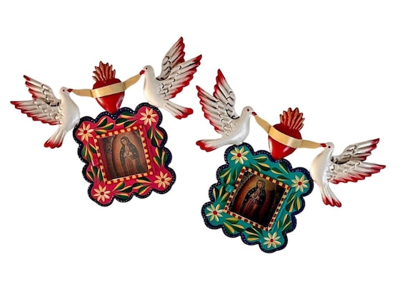 Mexican Tin Sacred Heart Nicho, Hand Painted Shadowbox Frame with Doves, VIRGIN GUADALUPE
