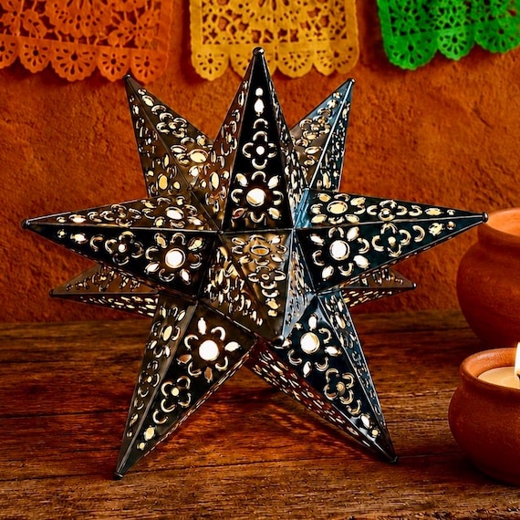 Mexican TIN STAR Luminaria, Christmas Tree Topper 11”H With or Without Colored Marbles