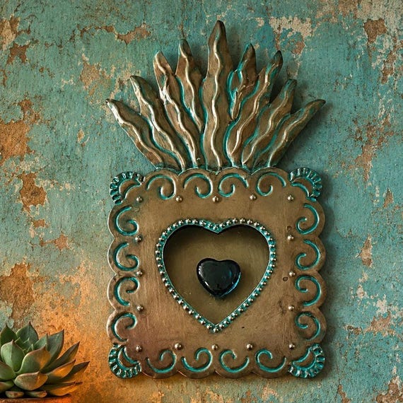 Mexican Tin Shadowbox Nicho w Glass HEART Magnet