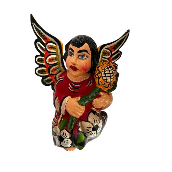 Mexican ANGEL with Flower, Full Body Hanging Carved Wood Angel
