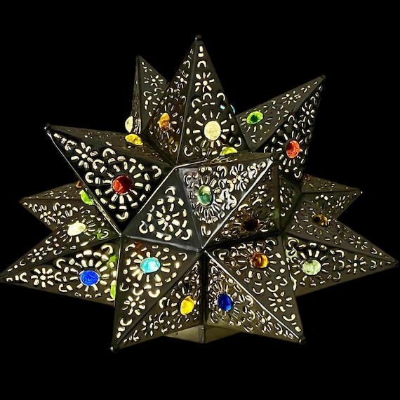 Tin STAR SCONCE w Colored Marbles, Flat Back Star, Mexican Estrella Luminaria, Star Light 12” Silver Finish