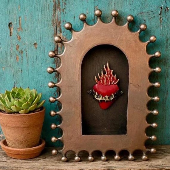 Mexican Tin NICHO with/without Sacred Heart magnet,  8"H Shadowbox Display Niche, Altar Frame