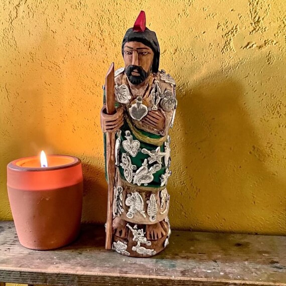 Saint Jude Figurine with Milagros: 8" Carved Mexican SANTO, St. JUDAS