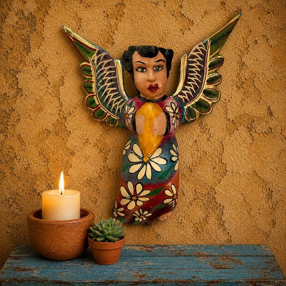Mexican ANGEL, Full Body Hanging Carved Wood Angel, Guerrero Carving
