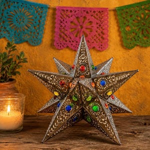 STAR Tree TOPPER Colored Marbles, Mexican Xmas Tin Star, Handmade Estrella 9” or 11”