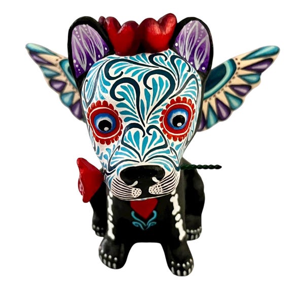 Day of the Dead Dog, Altar Ofrenda Decoration, Mexican Pottery Puebla, Skeleton Angel Puppy with Wings