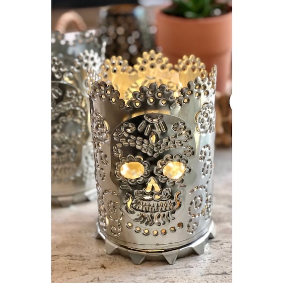 Tin DAY of the DEAD Skull LUMINARIA, Skull Candleholder, Mexican Punched Tin, Altar Ofrenda Decor
