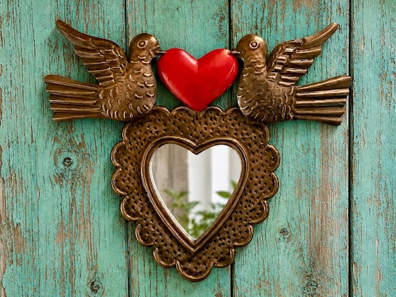 Tin HEART MIRROR with Doves, Small Mexican Corazon Palomas Ornament