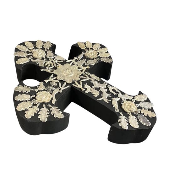 Mexican Milagros Cross: Black Wood Exvoto with Silver Charms