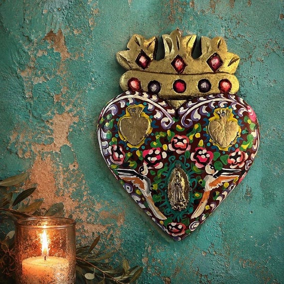 MILAGROS HEART, Virgin GUADALUPE, Mexican ExVotos Corazon with Crown 7 1/2"H