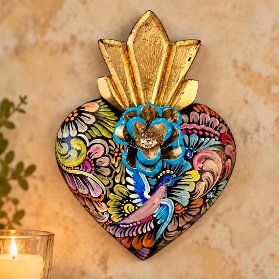 SACRED HEART, Hand Painted Mexican Wood Corazon with Dove & Tin Rose