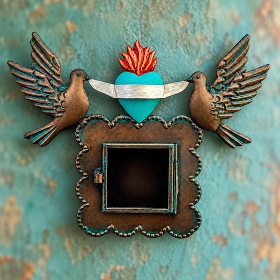 Sacred Heart Nicho, Shadowbox Frame with Doves Blue Heart, Mexican Tin Love Birds Niche