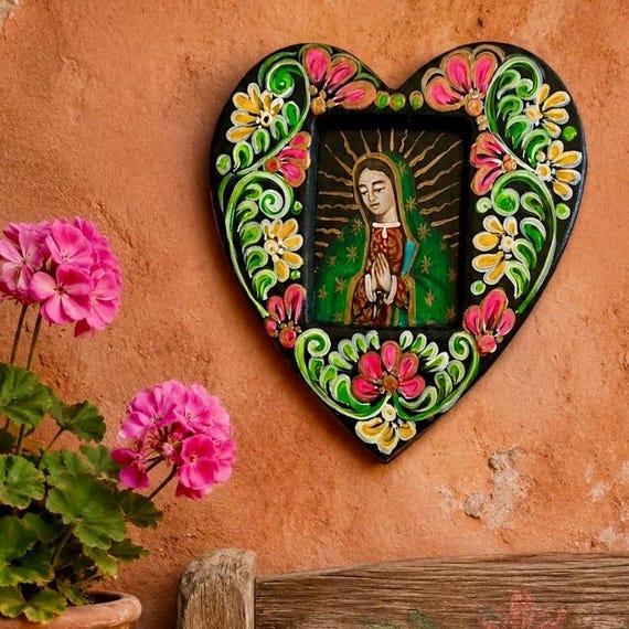 VIRGIN GUADALUPE Retablo Heart, Mexican Corazon LARGE 10"