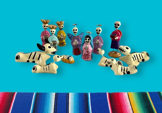 DAY of the DEAD NATIVITY, Mexican Christmas Nativity, Dia de los Muertos Nativity, Hand Painted Set 13 Pieces, Mexico Nacimiento