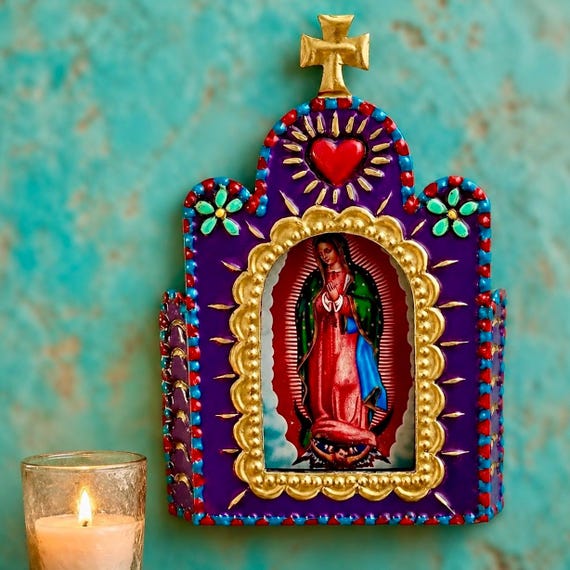 VIRGIN GUADALUPE Tin Nicho, Mexican Church Frame, Small 5 1/2”H, Purple