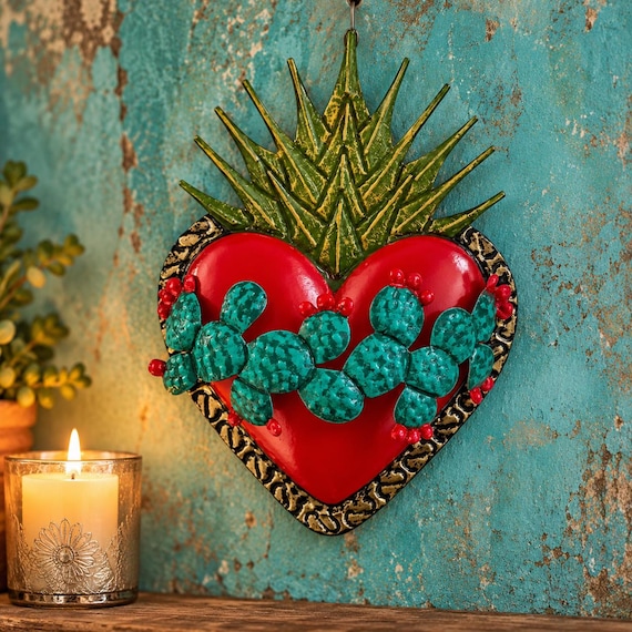 CACTUS HEART, Mexican Tin Sacred Heart with Flames, Red