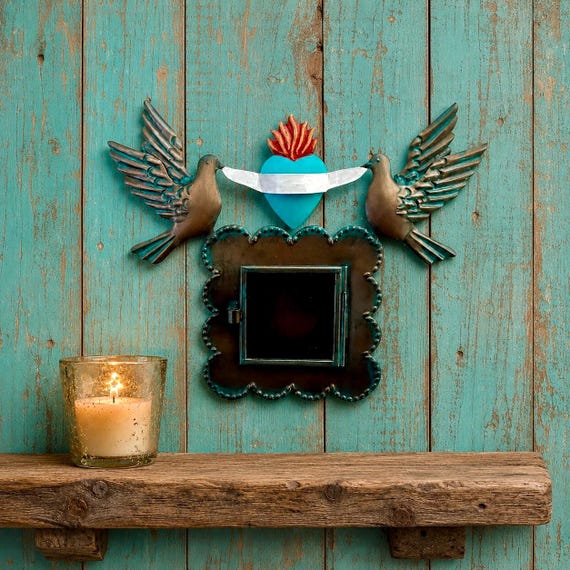 Mexican Tin Sacred Heart Nicho, Shadowbox Frame with Doves, Blue Heart