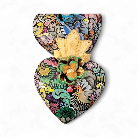SACRED HEART, Hand Painted Mexican Wood Corazon with Dove & Tin Rose