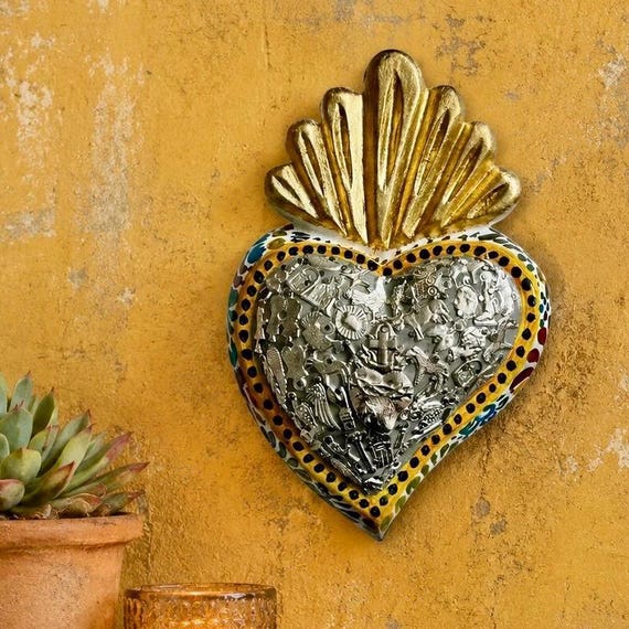 Milagros SACRED HEART, LARGE Heart with Charms, Mexican ExVotos Painted Corazon 9"