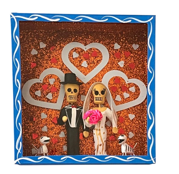 Day of the Dead Shadowbox with Bride & Groom, Puppies, Novios