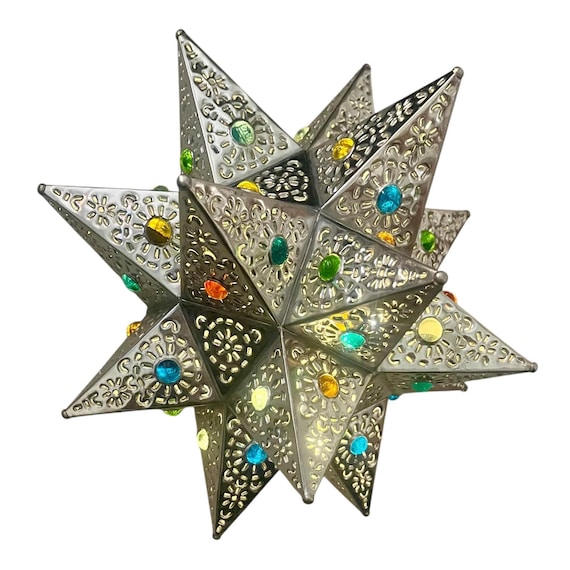 Tin STAR SCONCE w Colored Marbles, Flat Back Star, Mexican Estrella Luminaria, Star Light 12” Silver Finish