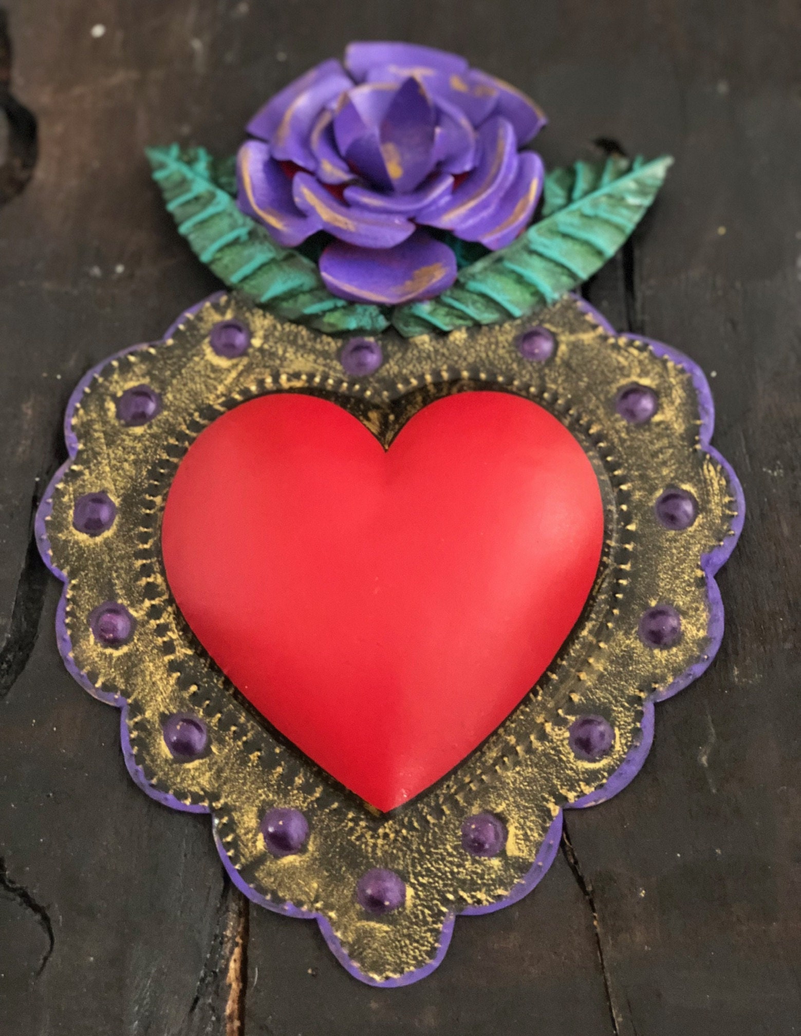 Punched Tin Heart with Flower, Purple