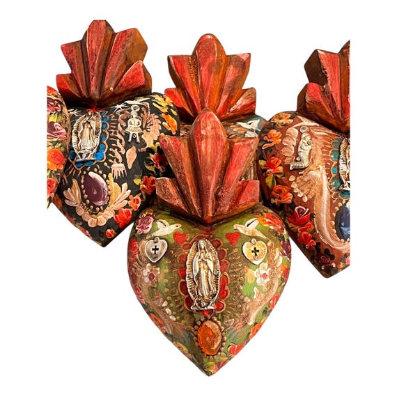 Virgin GUADALUPE Sacred HEART, Painted Milagro Heart w Doves, Mexican Corazon